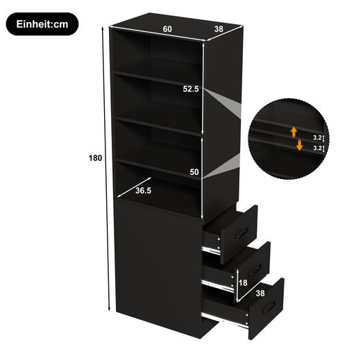 Bibliothèque Étroite 60x38x180 Cm, 3 Tiroirs Latéraux, Panneaux De Particules, Couleur Noir