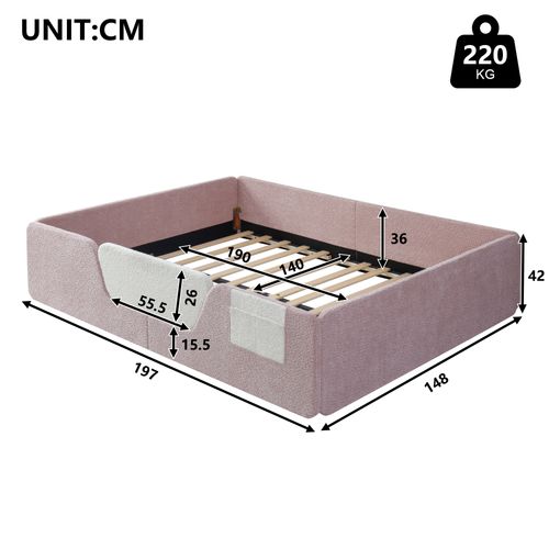 Lit Enfant 140x190 Cm, Barrières Amovibles, Velours Et Mdf, Rangement, Couleur Rose