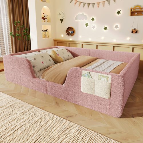 Lit Enfant 140x190 Cm, Barrières Amovibles, Velours Et Mdf, Rangement, Couleur Rose
