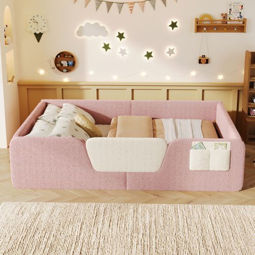 Lit Enfant 140x190 Cm, Barrières Amovibles, Velours Et Mdf, Rangement, Couleur Rose