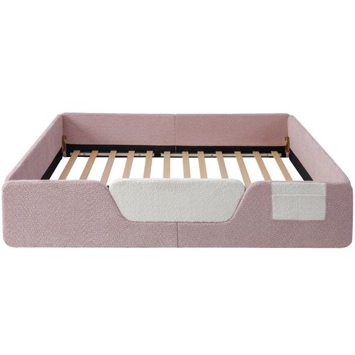 Lit Enfant 140x190 Cm, Barrières Amovibles, Velours Et Mdf, Rangement, Couleur Rose