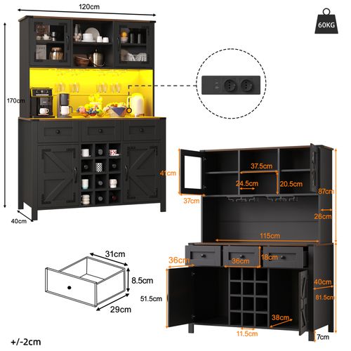 Buffet De Cuisine 120x40x170 Cm, Prises USB Et LED, Mdf, Verre, Métal, Couleur Noir+bois