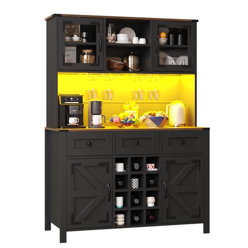 Buffet De Cuisine 120x40x170 Cm, Prises USB Et LED, Mdf, Verre, Métal, Couleur Noir+bois