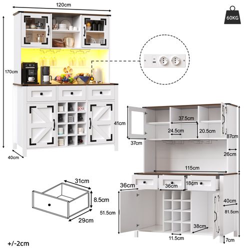 Buffet De Cuisine 120x40x170 Cm, Prises Et USB, Éclairage LED, Mdf Et Verre, Couleur Blanc+brun