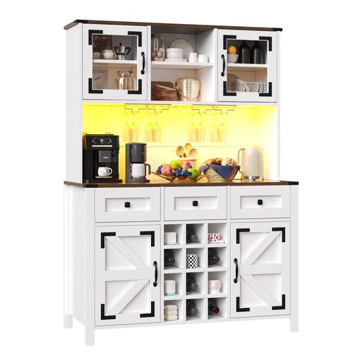 Buffet De Cuisine 120x40x170 Cm, Prises Et USB, Éclairage LED, Mdf Et Verre, Couleur Blanc+brun