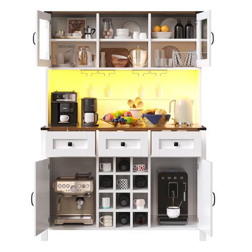 Buffet De Cuisine 120x40x170 Cm, Prises Et USB, Éclairage LED, Mdf Et Verre, Couleur Blanc+brun