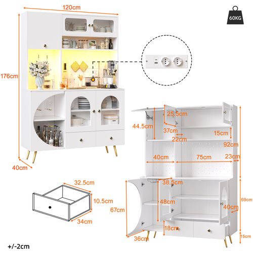 Buffet De Cuisine 120x40x176 Cm, LED Avec Prises USB, Mdf Et Verre, Couleur Blanc