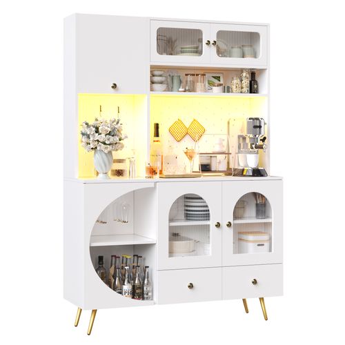 Buffet De Cuisine 120x40x176 Cm, LED Avec Prises USB, Mdf Et Verre, Couleur Blanc