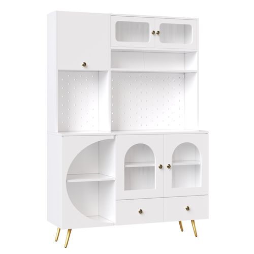 Buffet De Cuisine 120x40x176 Cm, LED Avec Prises USB, Mdf Et Verre, Couleur Blanc