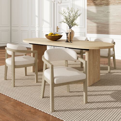 Lot De 2 Chaises 58x51x78cm En Bois Et Tissu Boucle, Couleur Beige Et Bois