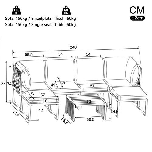 Salon De Jardin 6 Places, Dossiers Réglables, Métal Et Polyester, Gris, Table Effet Bois, Coussins