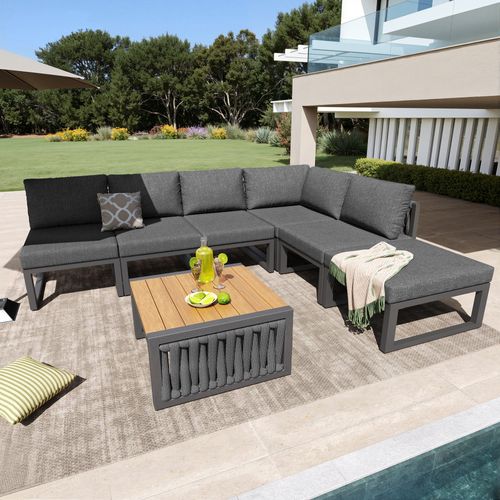 Salon De Jardin 6 Places, Dossiers Réglables, Métal Et Polyester, Gris, Table Effet Bois, Coussins