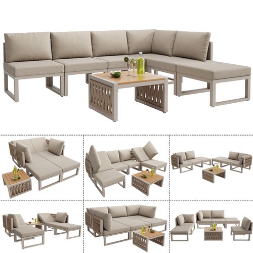 Salon De Jardin 6 Places, Dossiers Réglables, Métal Polyester, Couleur Beige, Table En Bois