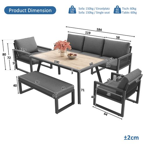 Salon De Jardin 6 Places, Table, 2 Fauteuils, Canapé, Banc, Structure Métal Et Verre, Gris+bois