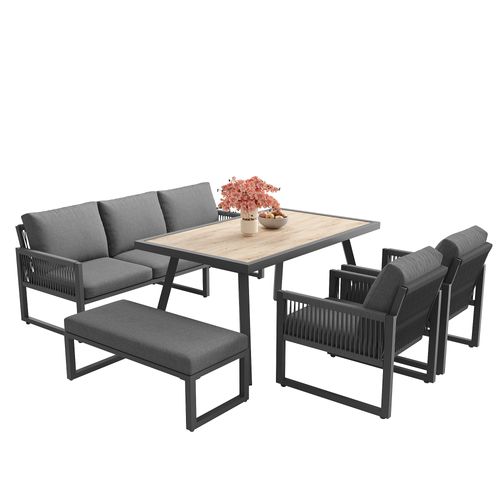 Salon De Jardin 6 Places, Table, 2 Fauteuils, Canapé, Banc, Structure Métal Et Verre, Gris+bois