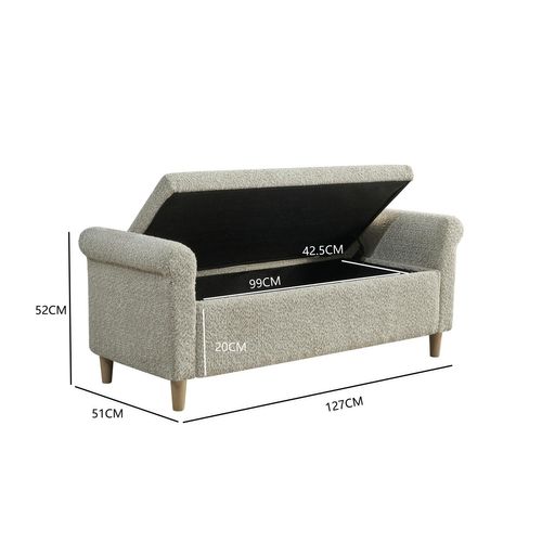 Banc De Lit Avec Rangement 127x51x52 Cm, Couvercle Relevable, Bois, Tissu Camel, Pieds Bois