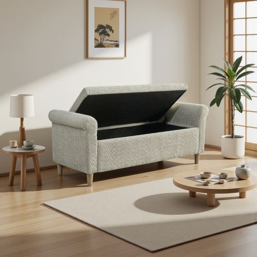Banc De Lit Avec Rangement 127x51x52 Cm, Couvercle Relevable, Bois, Tissu Camel, Pieds Bois