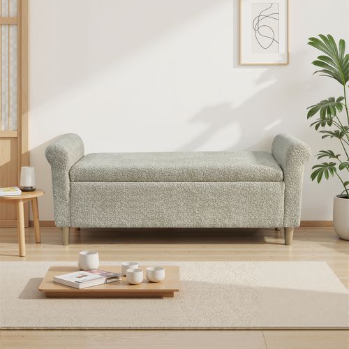 Banc De Lit Avec Rangement 127x51x52 Cm, Couvercle Relevable, Bois, Tissu Camel, Pieds Bois