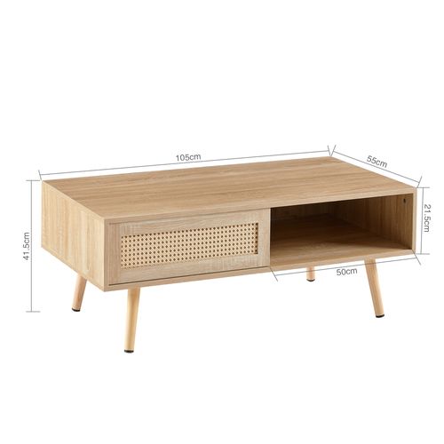 Table Basse 105x55x41.5 Cm, 1 Porte Coulissante, Mdf Avec Rotin, Bois Naturel, Couleur Bois