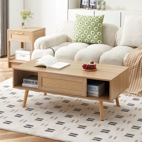 Table Basse 105x55x41.5 Cm, 1 Porte Coulissante, Mdf Avec Rotin, Bois Naturel, Couleur Bois