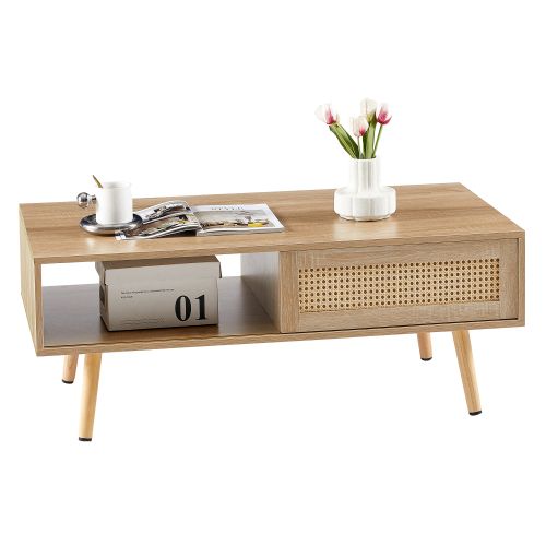 Table Basse 105x55x41.5 Cm, 1 Porte Coulissante, Mdf Avec Rotin, Bois Naturel, Couleur Bois