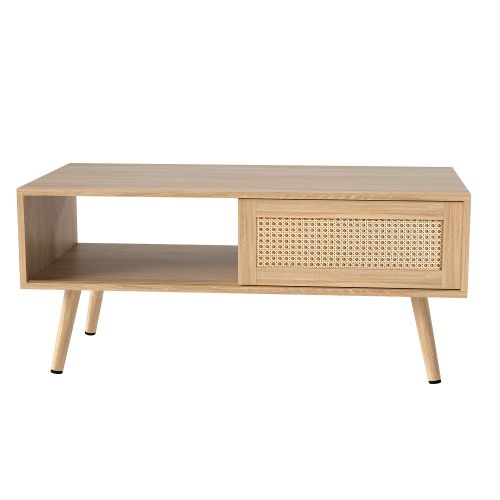 Table Basse 105x55x41.5 Cm, 1 Porte Coulissante, Mdf Avec Rotin, Bois Naturel, Couleur Bois