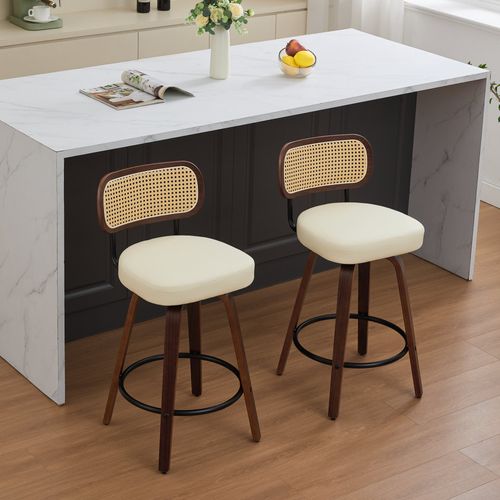 Lot De 2 Tabourets De Bar 65 Cm, Pivotants 360 Degres, Dossier Cannage, Bois, Beige Et Marron