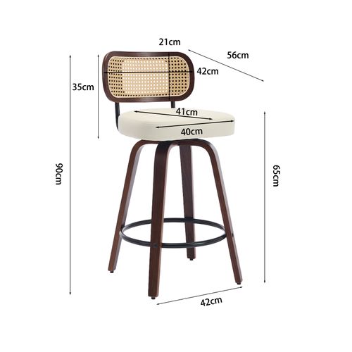 Lot De 2 Tabourets De Bar 65 Cm, Pivotants 360 Degres, Dossier Cannage, Bois, Beige Et Marron