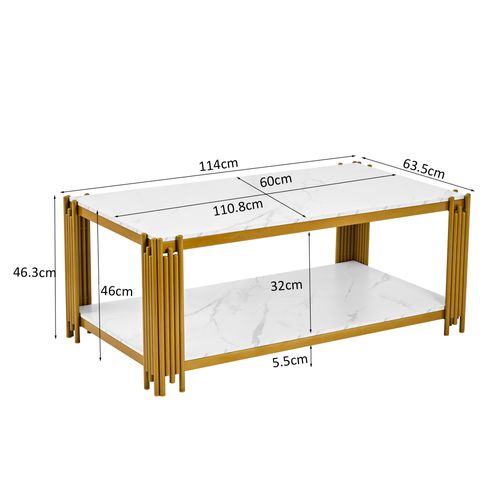 Table Basse Rectangulaire 114x63.5x46.3 Cm, 2 Étagères De Rangement, Mdf Motif Marbre, Blanc+doré
