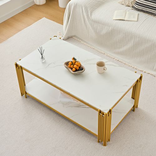 Table Basse Rectangulaire 114x63.5x46.3 Cm, 2 Étagères De Rangement, Mdf Motif Marbre, Blanc+doré