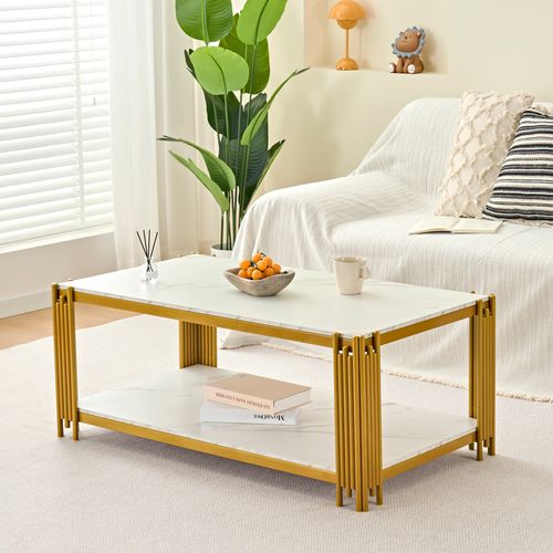 Table Basse Rectangulaire 114x63.5x46.3 Cm, 2 Étagères De Rangement, Mdf Motif Marbre, Blanc+doré