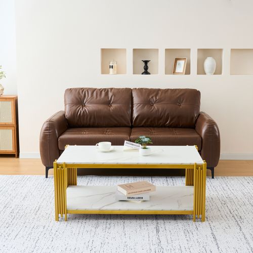 Table Basse Rectangulaire 114x63.5x46.3 Cm, 2 Étagères De Rangement, Mdf Motif Marbre, Blanc+doré