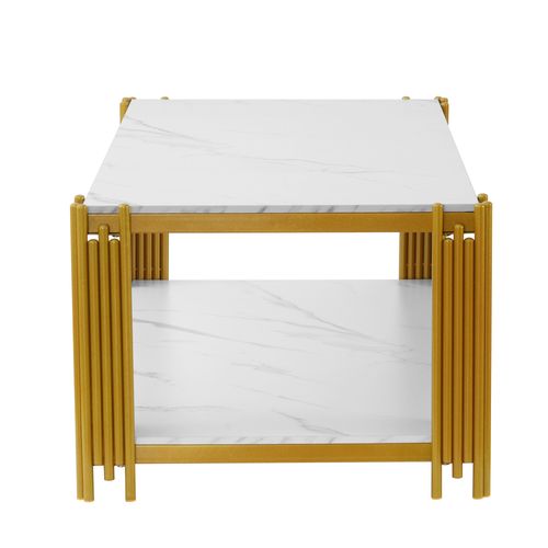 Table Basse Rectangulaire 114x63.5x46.3 Cm, 2 Étagères De Rangement, Mdf Motif Marbre, Blanc+doré