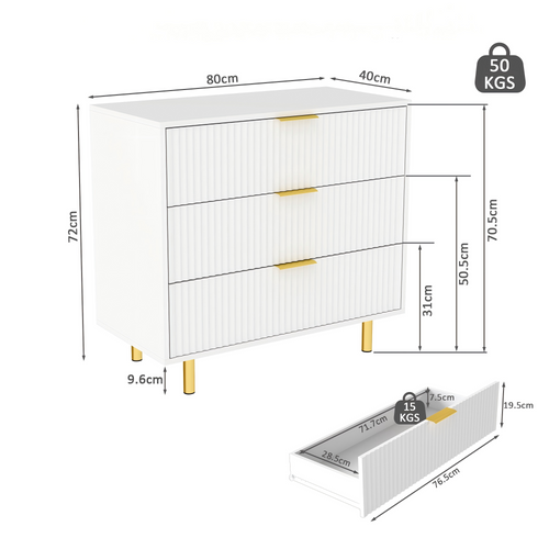 Commode 3 Tiroirs 80x40x72 Cm, Rangements Spqcieux, Mdf, Poignées Dorées, Pieds Métal Doré, Blanc