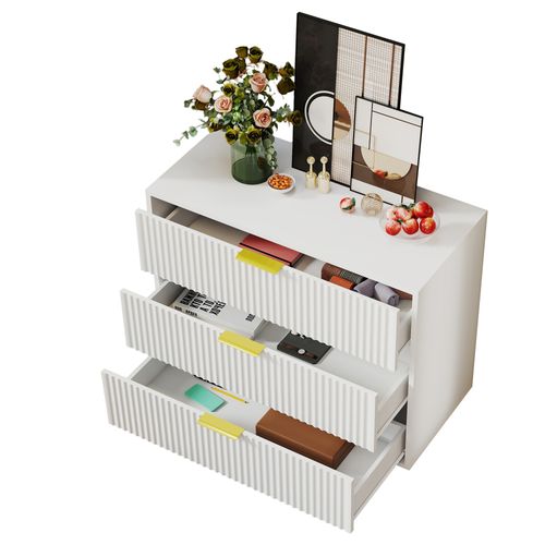 Commode 3 Tiroirs 80x40x72 Cm, Rangements Spqcieux, Mdf, Poignées Dorées, Pieds Métal Doré, Blanc