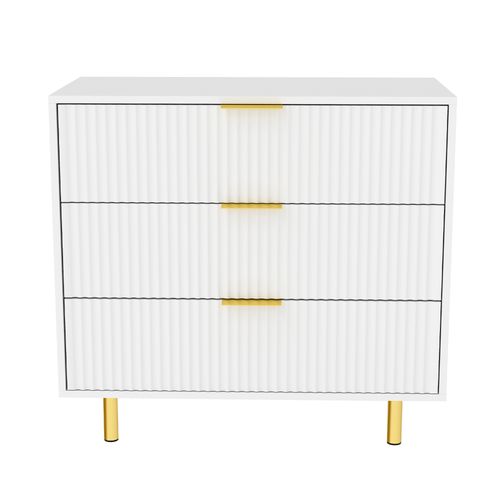 Commode 3 Tiroirs 80x40x72 Cm, Rangements Spqcieux, Mdf, Poignées Dorées, Pieds Métal Doré, Blanc