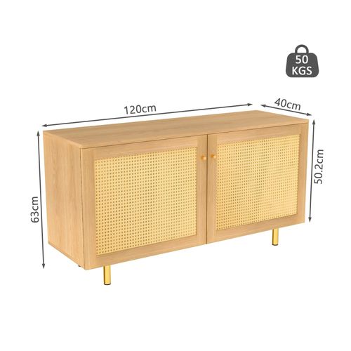 Buffet Bas 120x40x63 Cm, 2 Portes Rangement, Mdf, Finition Bois Naturel, Pieds Métal Doré