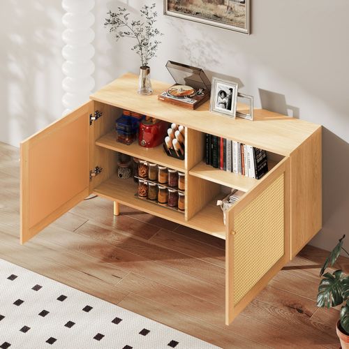 Buffet Bas 120x40x63 Cm, 2 Portes Rangement, Mdf, Finition Bois Naturel, Pieds Métal Doré