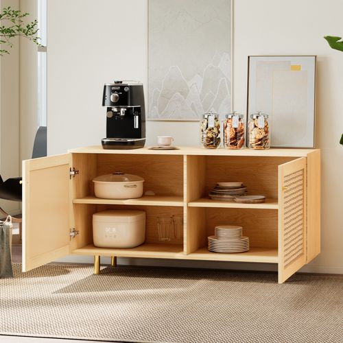 Buffet Bas 120x40x63 Cm, 2 Portes Rangement, Mdf, Finition Bois Naturel, Pieds Métal Doré