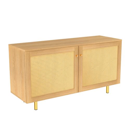 Buffet Bas 120x40x63 Cm, 2 Portes Rangement, Mdf, Finition Bois Naturel, Pieds Métal Doré