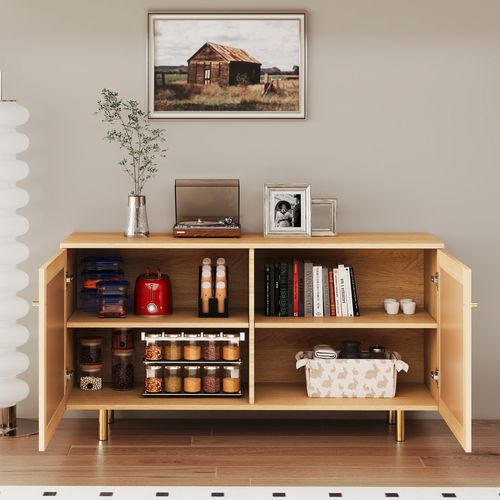 Buffet Bas 120x40x63 Cm, 2 Portes Rangement, Mdf, Finition Bois Naturel, Pieds Métal Doré