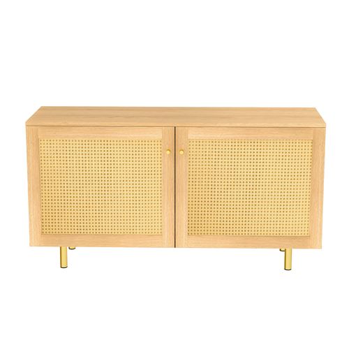 Buffet Bas 120x40x63 Cm, 2 Portes Rangement, Mdf, Finition Bois Naturel, Pieds Métal Doré