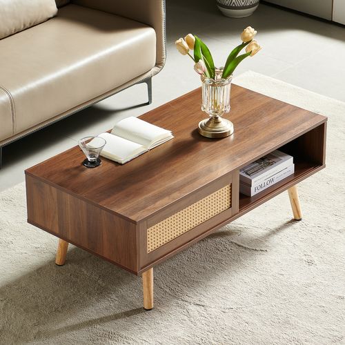 Table Basse 105x55x41.5 Cm, Rotin Tressé, Porte Coulissante, Rangement Ouvert, Brun