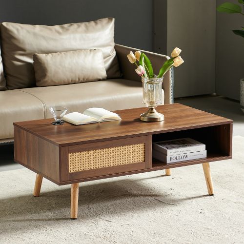 Table Basse 105x55x41.5 Cm, Rotin Tressé, Porte Coulissante, Rangement Ouvert, Brun