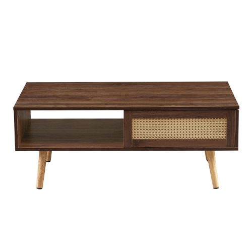 Table Basse 105x55x41.5 Cm, Rotin Tressé, Porte Coulissante, Rangement Ouvert, Brun