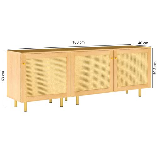 Buffet Bas De Rangement 180x40x63 Cm, 3 Portes, Mdf, Finition Bois Naturel, Pieds Métal Doré
