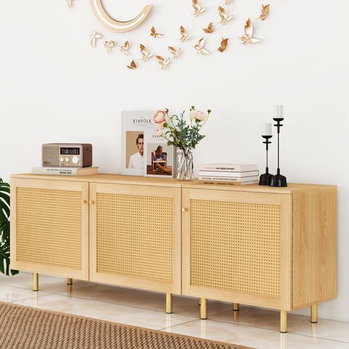 Buffet Bas De Rangement 180x40x63 Cm, 3 Portes, Mdf, Finition Bois Naturel, Pieds Métal Doré