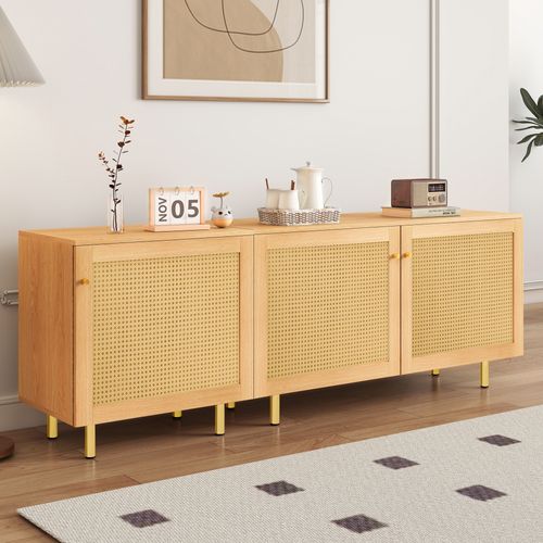 Buffet Bas De Rangement 180x40x63 Cm, 3 Portes, Mdf, Finition Bois Naturel, Pieds Métal Doré