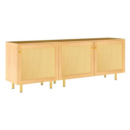 Buffet Bas De Rangement 180x40x63 Cm, 3 Portes, Mdf, Finition Bois Naturel, Pieds Métal Doré