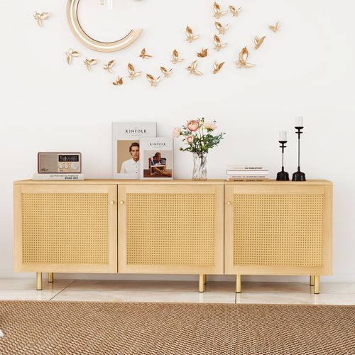 Buffet Bas De Rangement 180x40x63 Cm, 3 Portes, Mdf, Finition Bois Naturel, Pieds Métal Doré